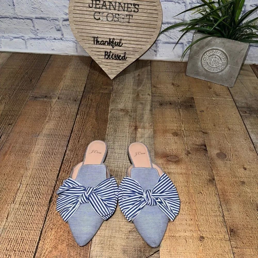 J.Crew Pointed Toe Mixed Stripe Bow Slides Blue White Mules Flats Fabric 7.5
